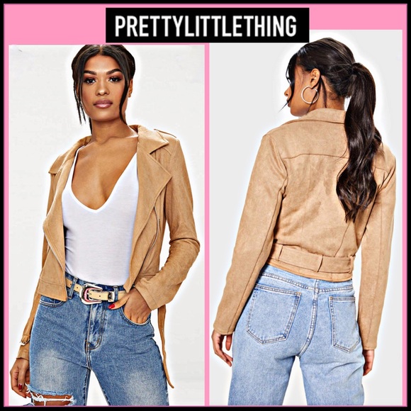 NWT PRETTYLITTLETHINGS CAMEL FAUX LEATHER SUEDE BIKER JACKET Sz XS - Picture 11 of 14